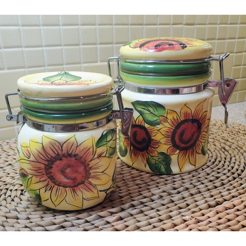 Yellow Ceramic Sunflower Purple Flowers Green Canisters w Lid Set of 2 Vintage